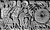 Warriors fighting in the Hall - fr. detail of Franks Casket lid [&AElig;gil panel]